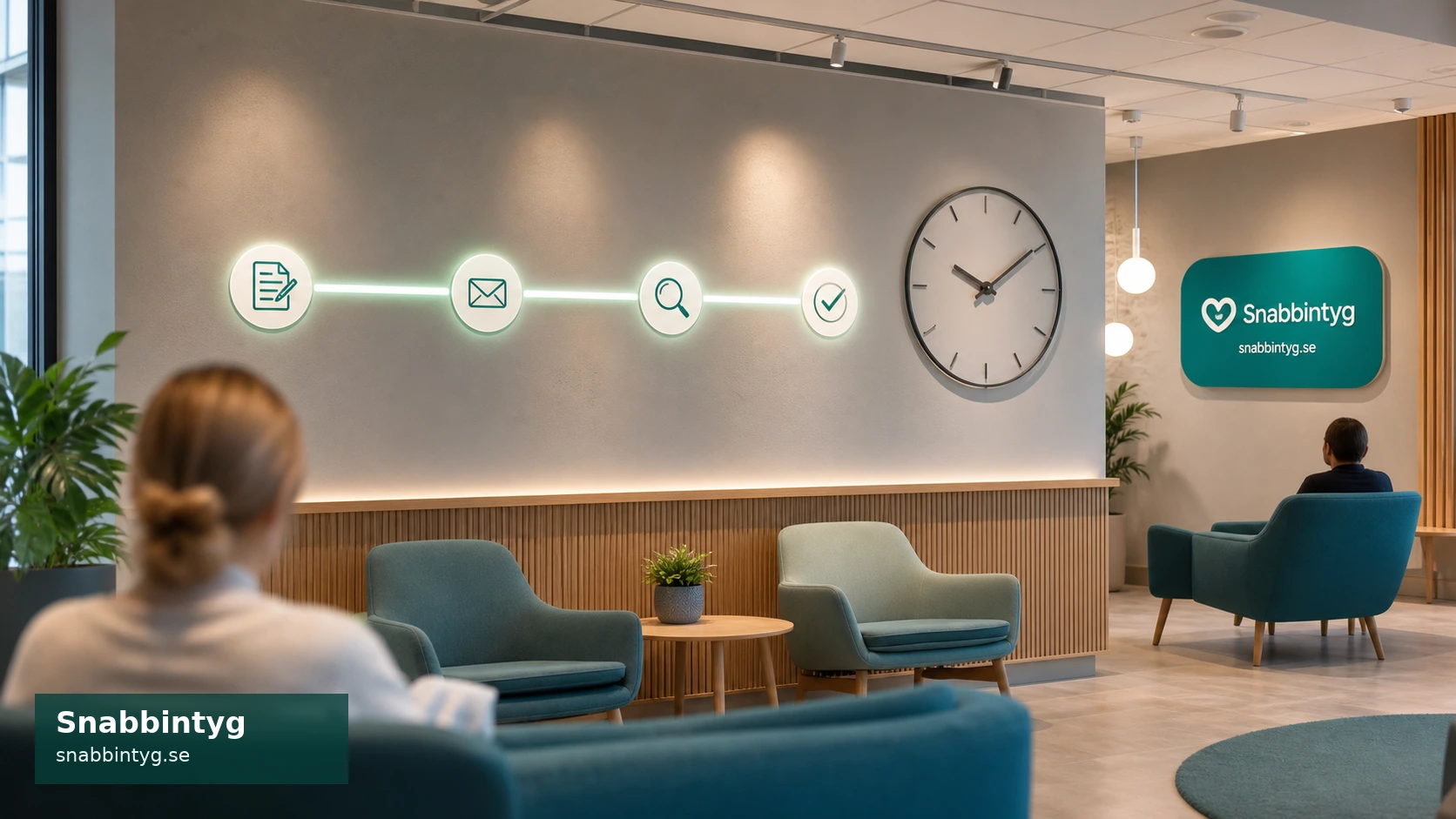 Klinikens väntrum med statusvägg, klocka och steg för handläggning efter läkarintyg.