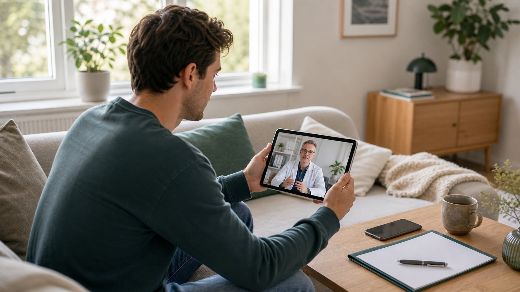 Person har digital vårdkontakt via surfplatta inför läkarintyg online.