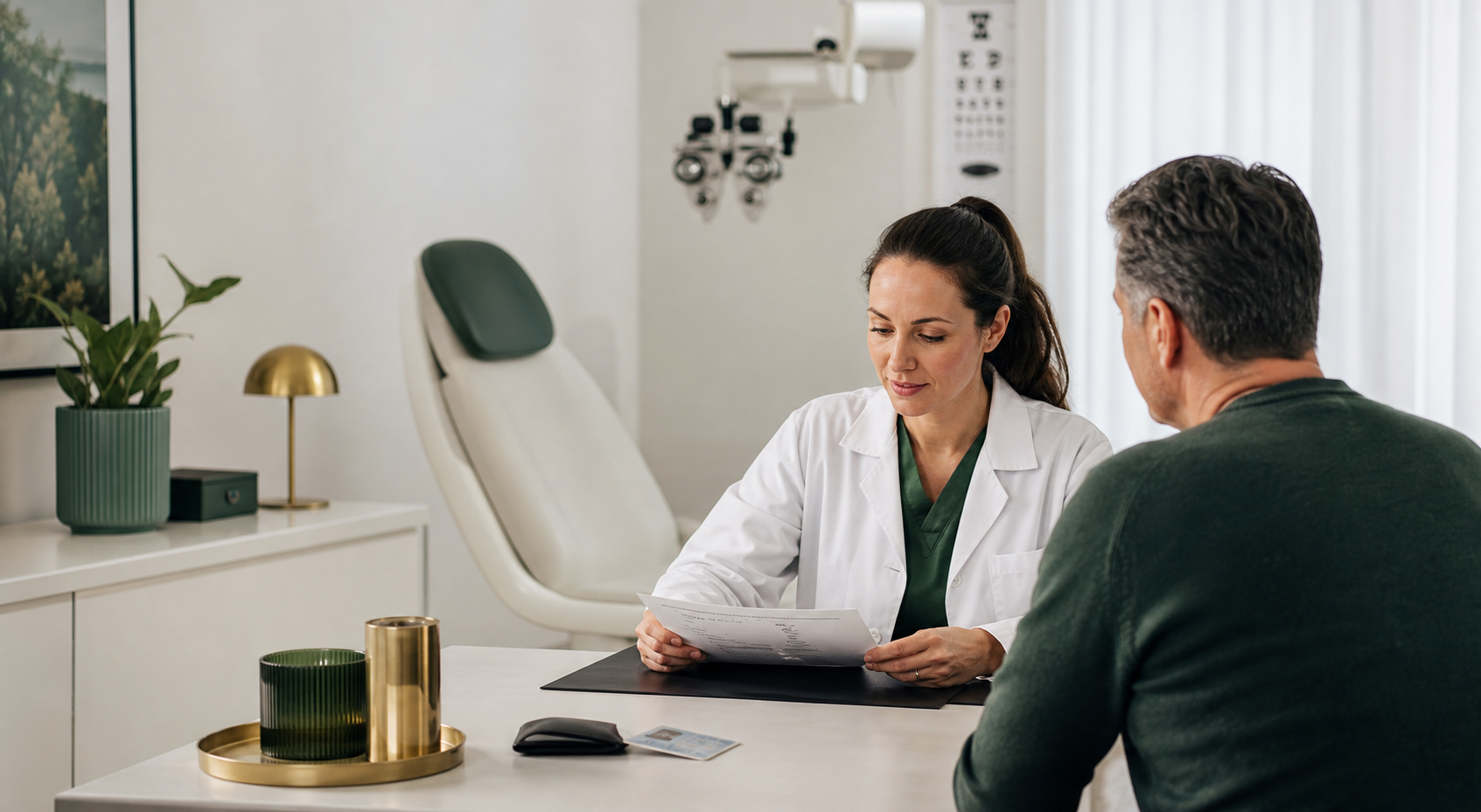 Läkare går igenom handlingar med patient inför körkortsintyg i en modern mottagning.