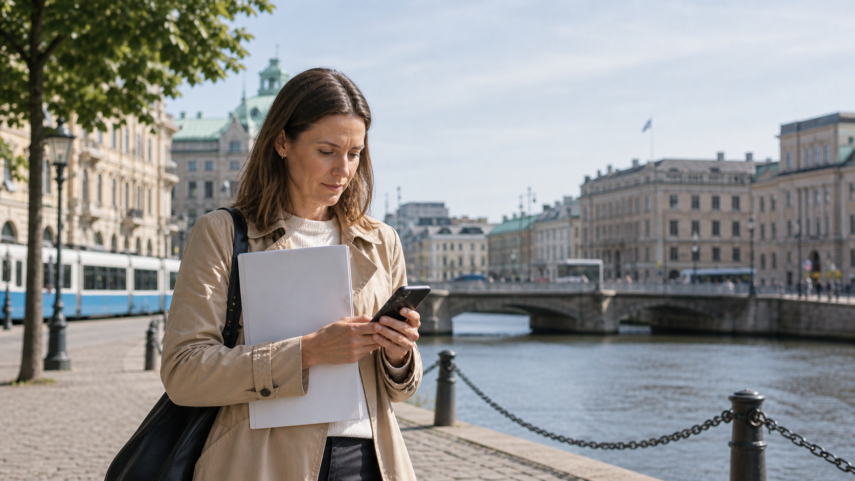 Person i Göteborg kontrollerar bokningsuppgifter för läkarintyg via mobil.