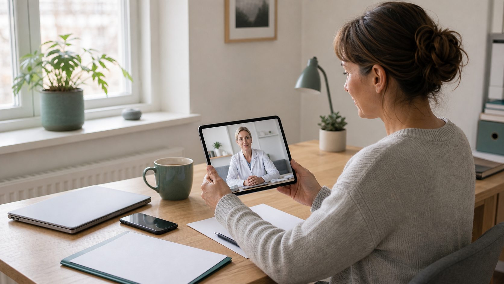 Person har digitalt läkarbesök via surfplatta inför läkarintyg online.