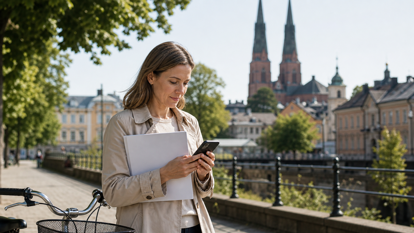 Person i Uppsala kontrollerar bokningsuppgifter för läkarintyg via mobil.