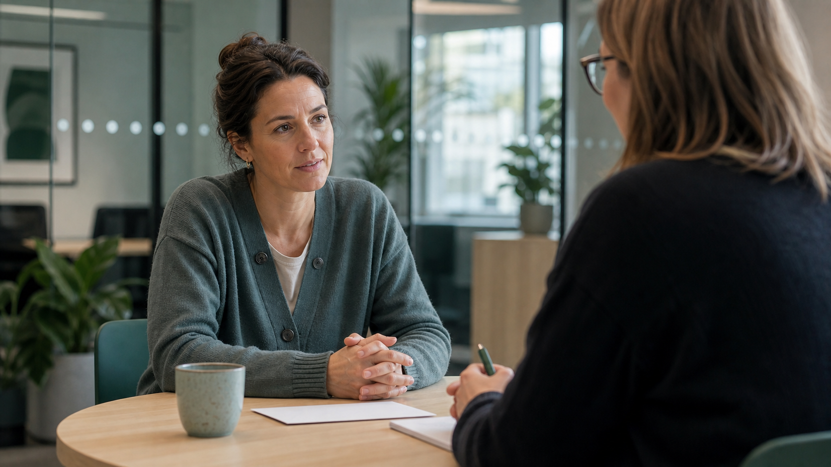 Medarbetare samtalar med HR på arbetsplats om sjukintyg.