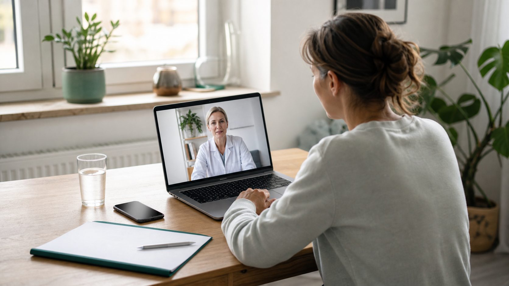 Person har digitalt vårdbesök med läkare via laptop inför sjukintyg online.