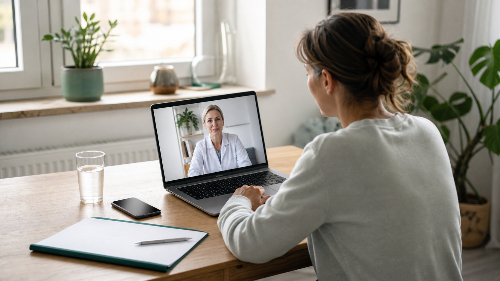 Person har digitalt vårdbesök med läkare via laptop inför sjukintyg online.
