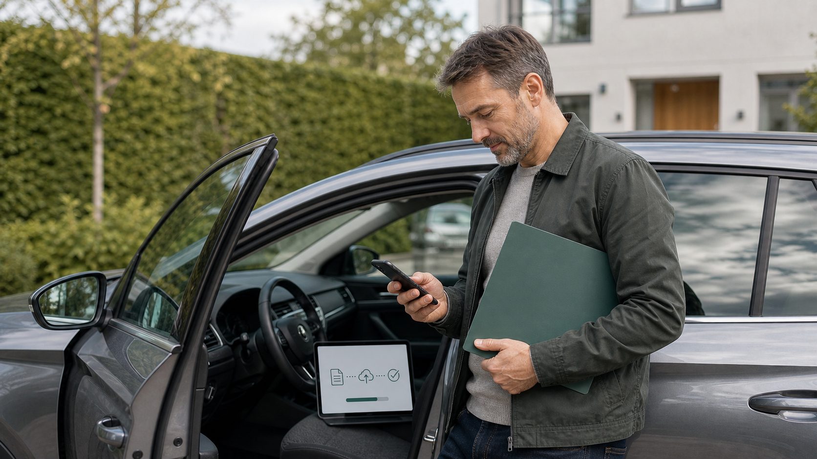 Förare står vid bil med mobil och dokument inför digital hantering av körkortsintyg.