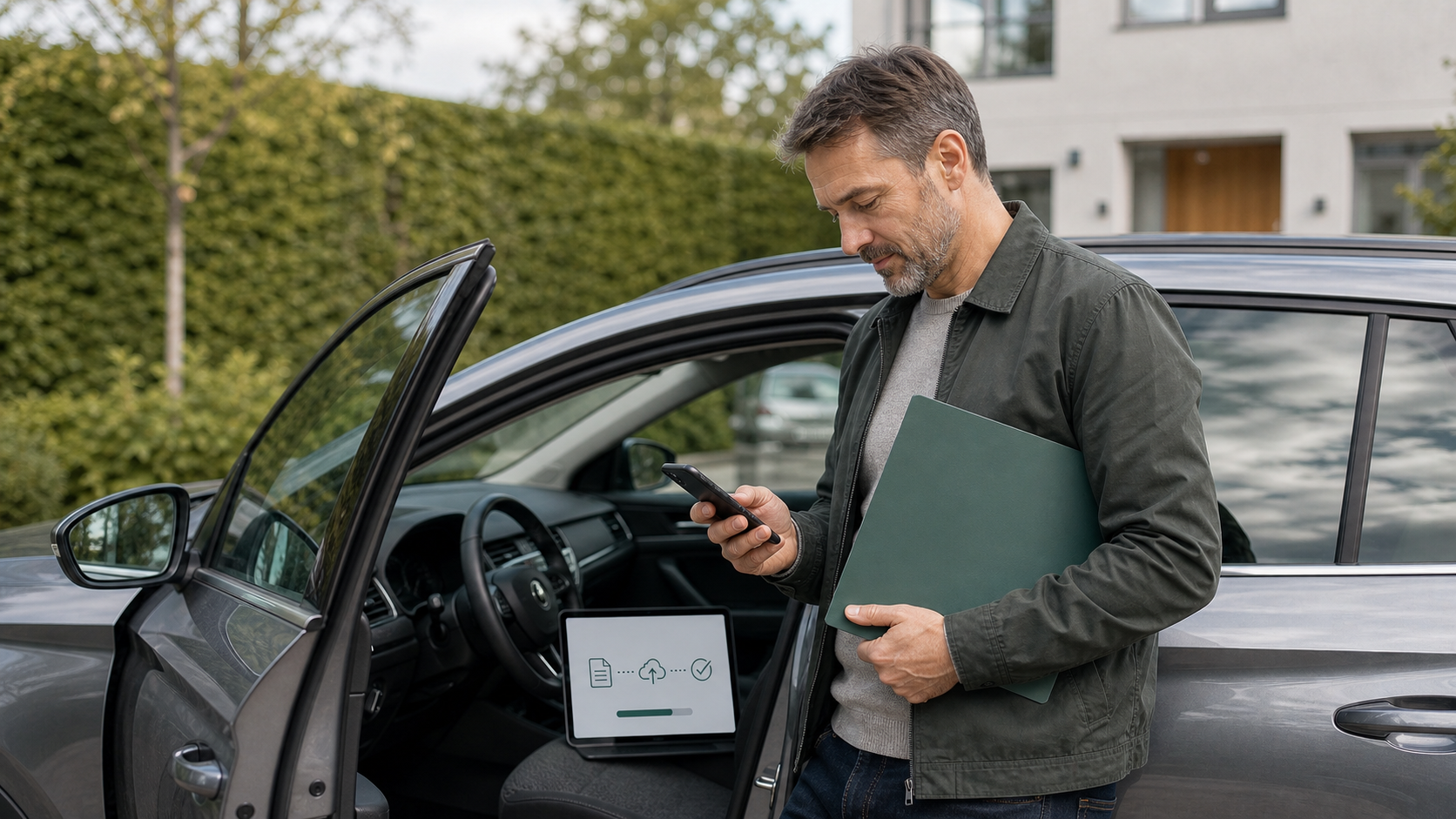 Förare står vid bil med mobil och dokument inför digital hantering av körkortsintyg.