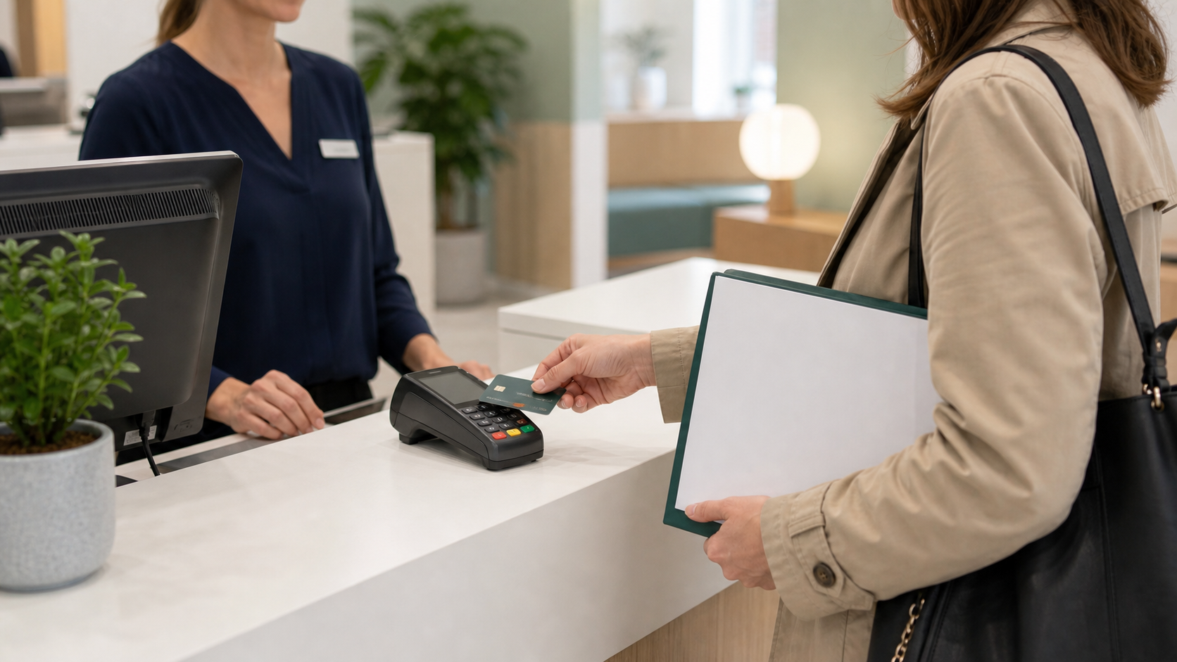Person betalar vid mottagningsdisk och håller dokument inför läkarintyg.